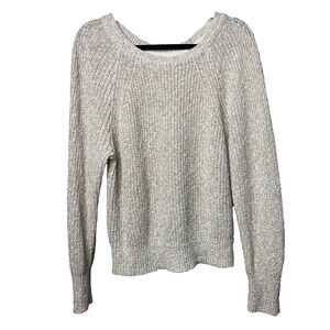 Free People Women's Large Cream Scoop Neck Knit Cotton Linen Blend Sweater Boho